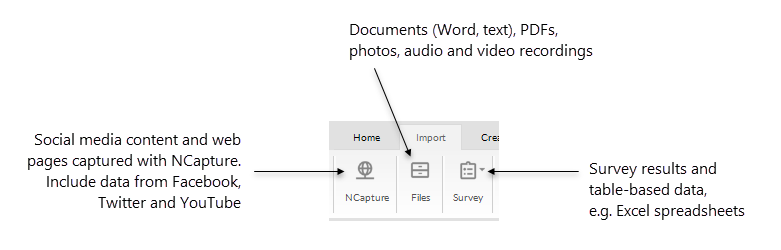 Description of options on the Import tab of the NVivo ribbon.
