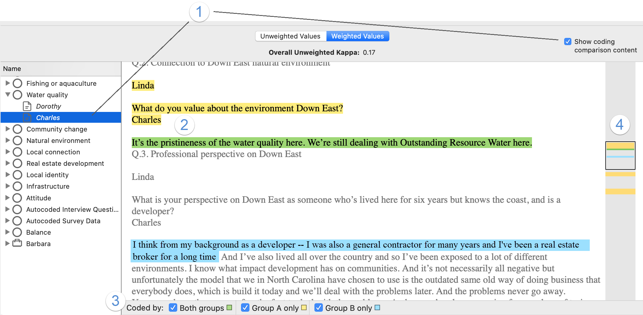 Reviewing the agreement and disagreement in Coding Comparison results.