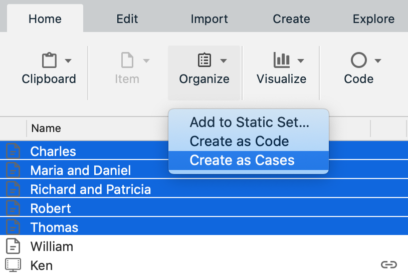 Creating cases from selected interviews in List View.