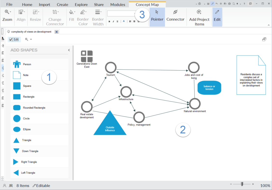 A concept map with a panel of shapes on the left and tools on the top