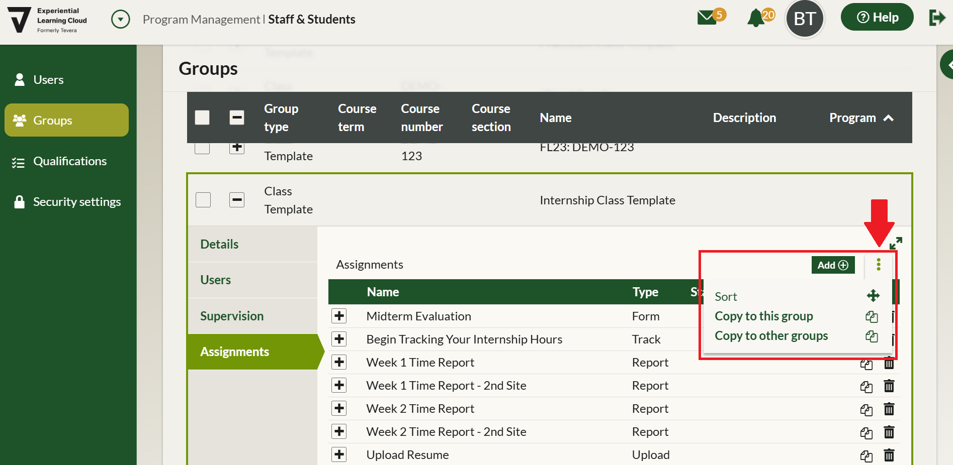 Experiential Learning Cloud: Copying Assignments from Class Templates