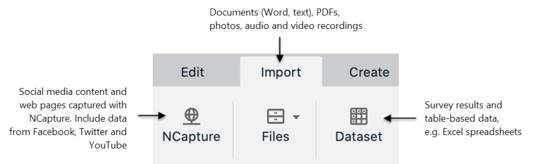 Description of options on the Import tab of the NVivo ribbon.
