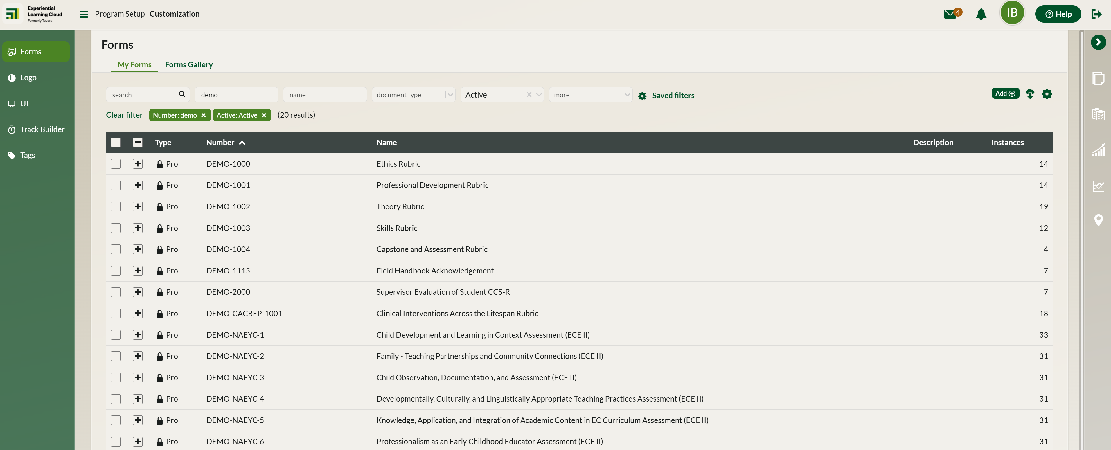 The Forms workspace in the Program Setup Customization environment