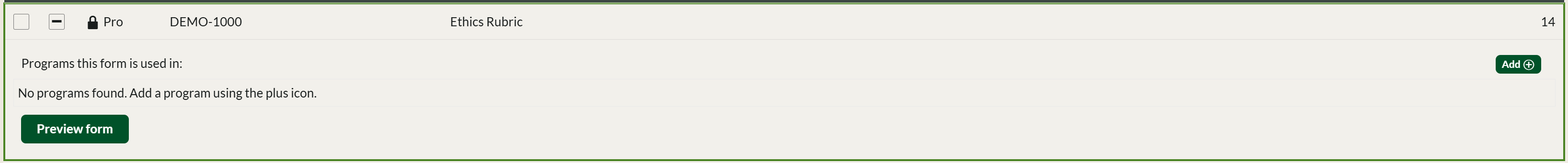 An expanded form row with the Preview form button