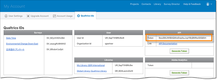 A Qualtrics screen with the API token highlighted