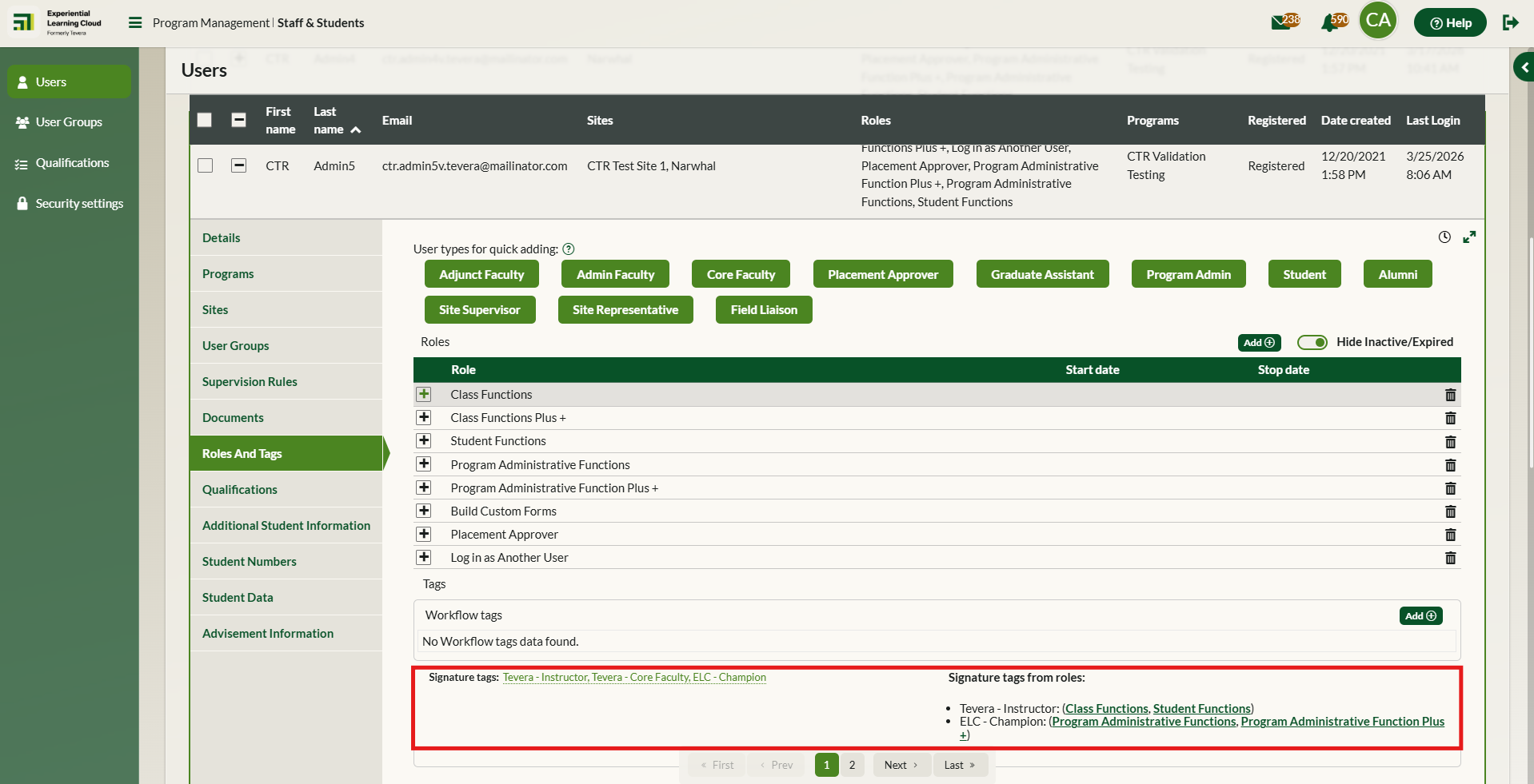 The signature tags section at the bottom of a user's Roles and Tags tab