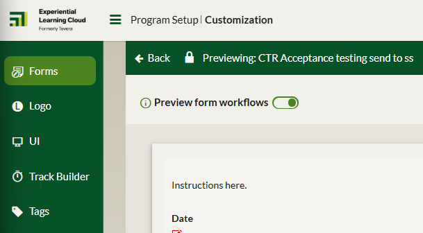 The Preview form workflows toggle in the top left of the form page