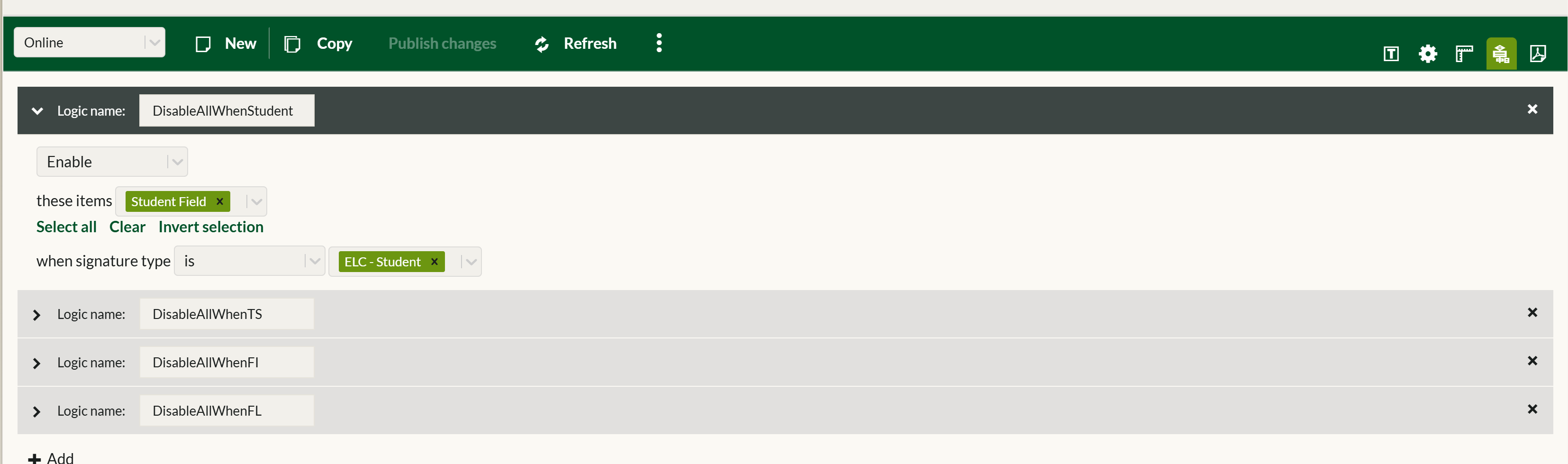 A show or enable rule configured against a signer tag