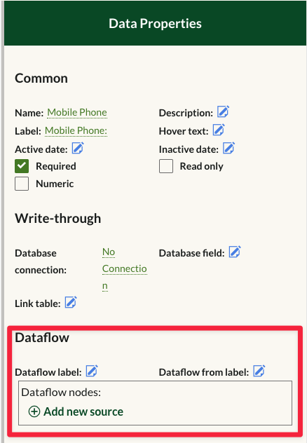 The Add new source button in the Dataflow section of Data Properties