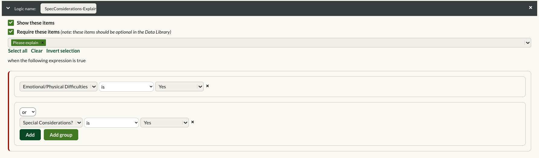 Building the expression that defines when items are shown or required