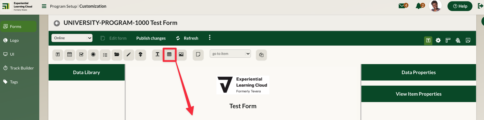 Dragging the table icon onto the form view