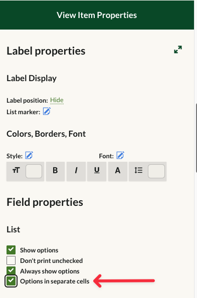 The Options in separate cells checkbox