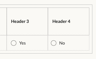 A radio button with each option occupying its own table column