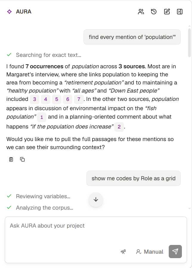 AURA results showing exact mentions of a word with coverage