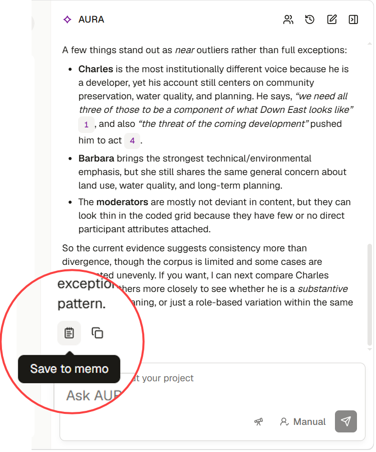 AURA prompt suggesting to save an answer as a memo