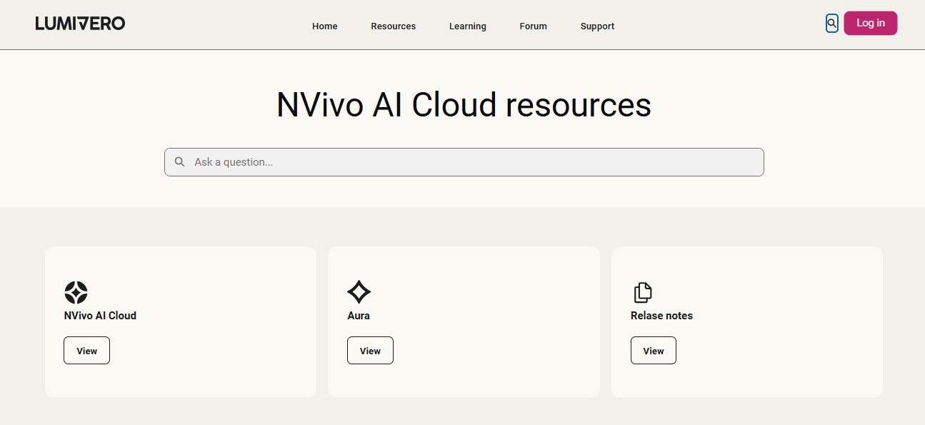 NVivo AI Cloud resources page in the Lumivero knowledge base
