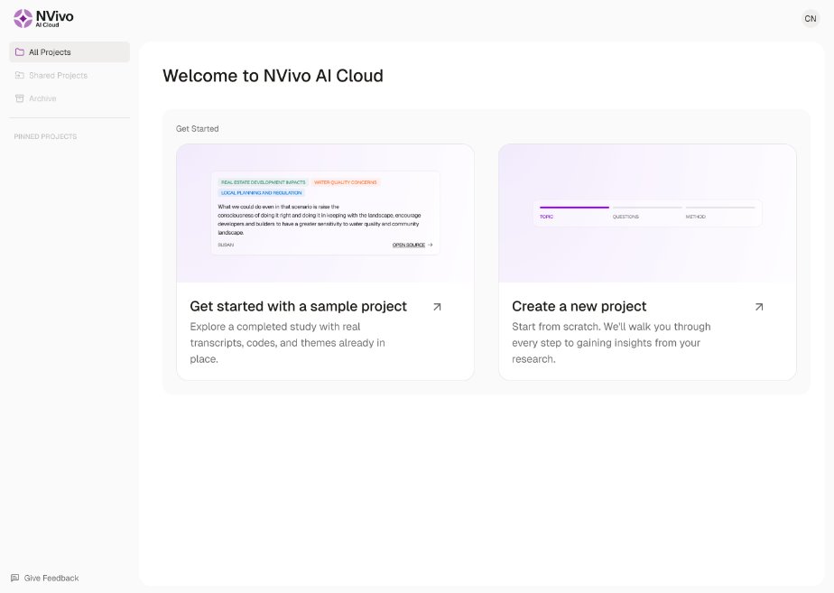 NVivo AI Cloud welcome screen with options to open the sample project or create a new project