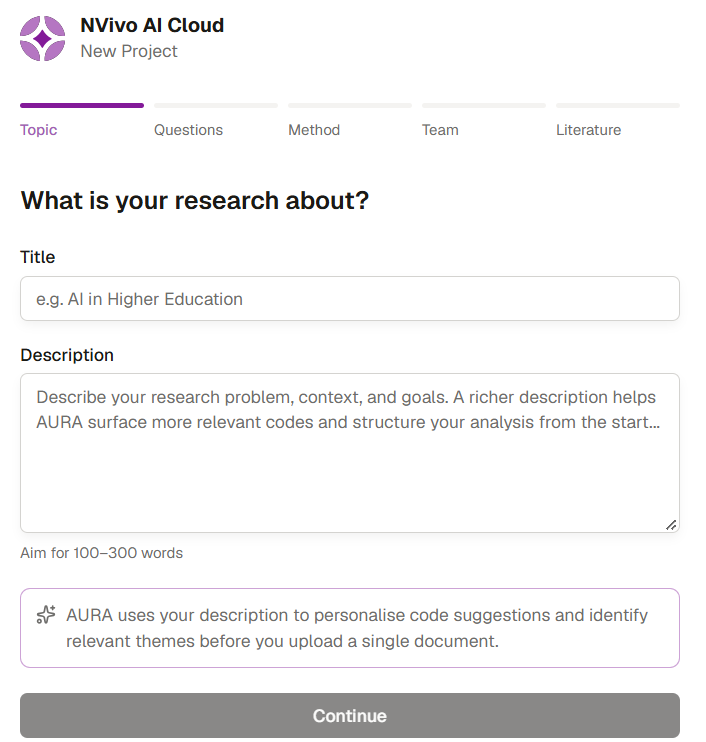 New Project dialog asking what your research is about, with title and description fields